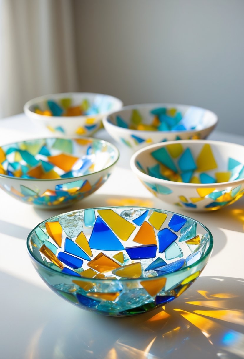 A collection of decorative bowls with colorful broken glass pieces embedded in them, arranged on a neutral surface.