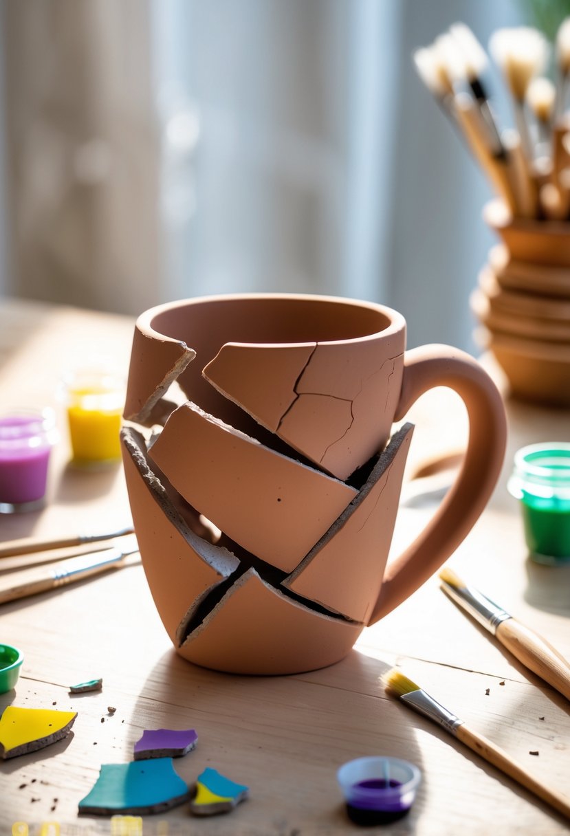 A broken clay mug creatively reassembled into a sculpture on a wooden table surrounded by crafting tools and paint.
