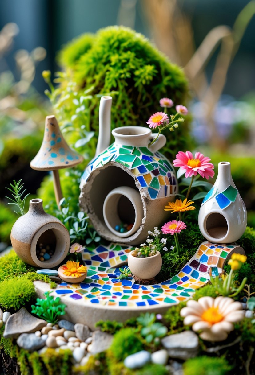 A miniature fairy garden with broken ceramic pieces creatively arranged as tiny pots, fairy houses, and mosaics surrounded by plants and moss.