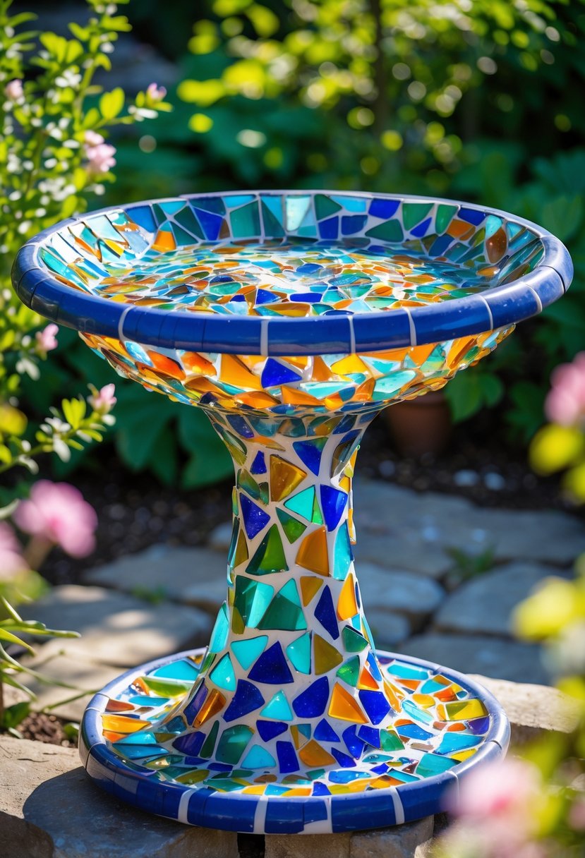 A birdbath decorated with colorful broken glass mosaics in a garden surrounded by plants and flowers.