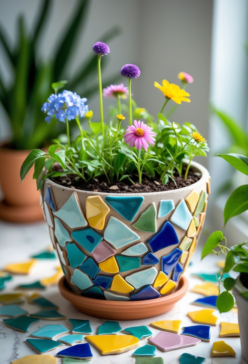 A flower pot decorated with colorful broken mug pieces and filled with green plants and flowers.