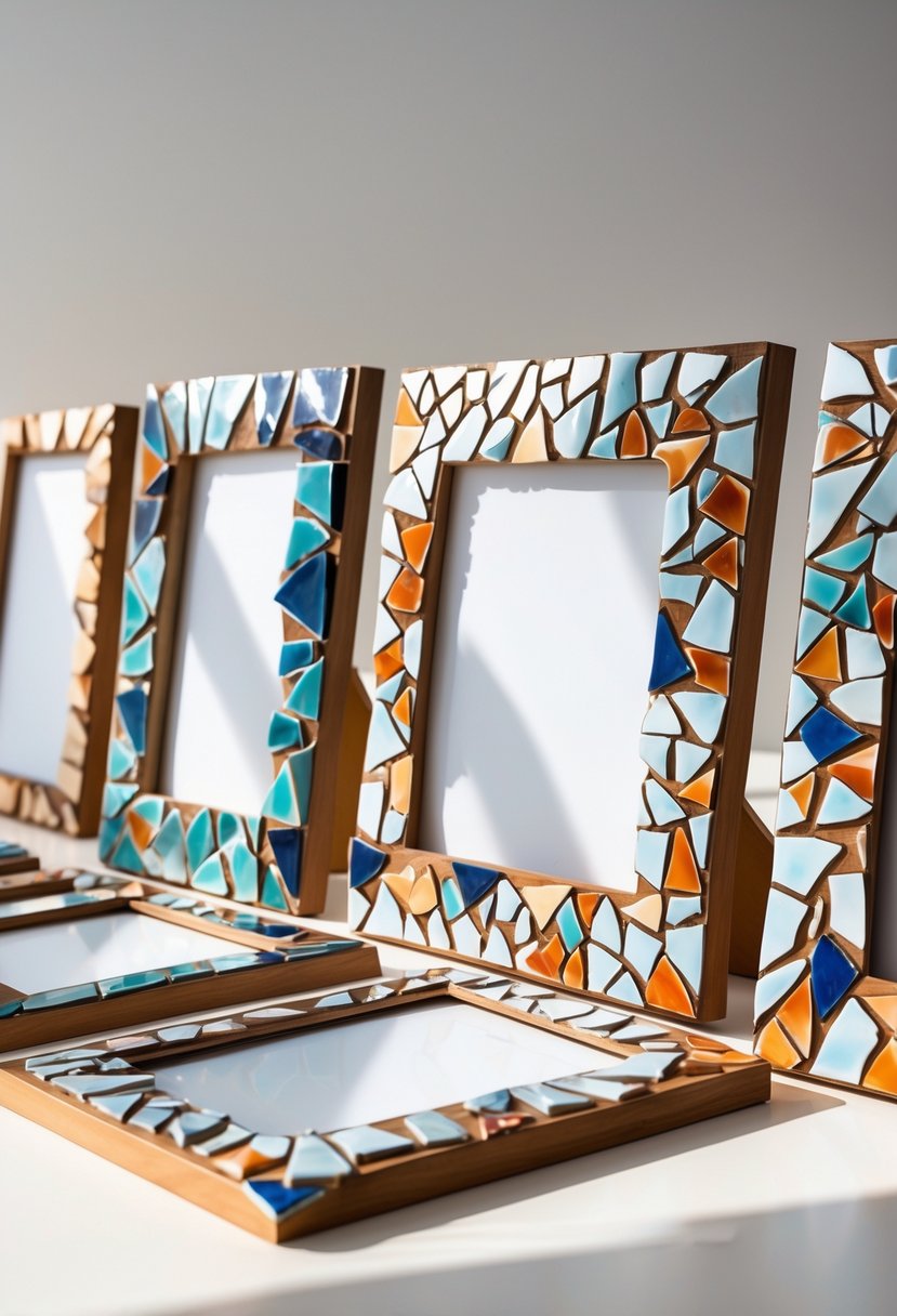 A collection of picture frames decorated with colorful broken ceramic shards arranged on a neutral background.