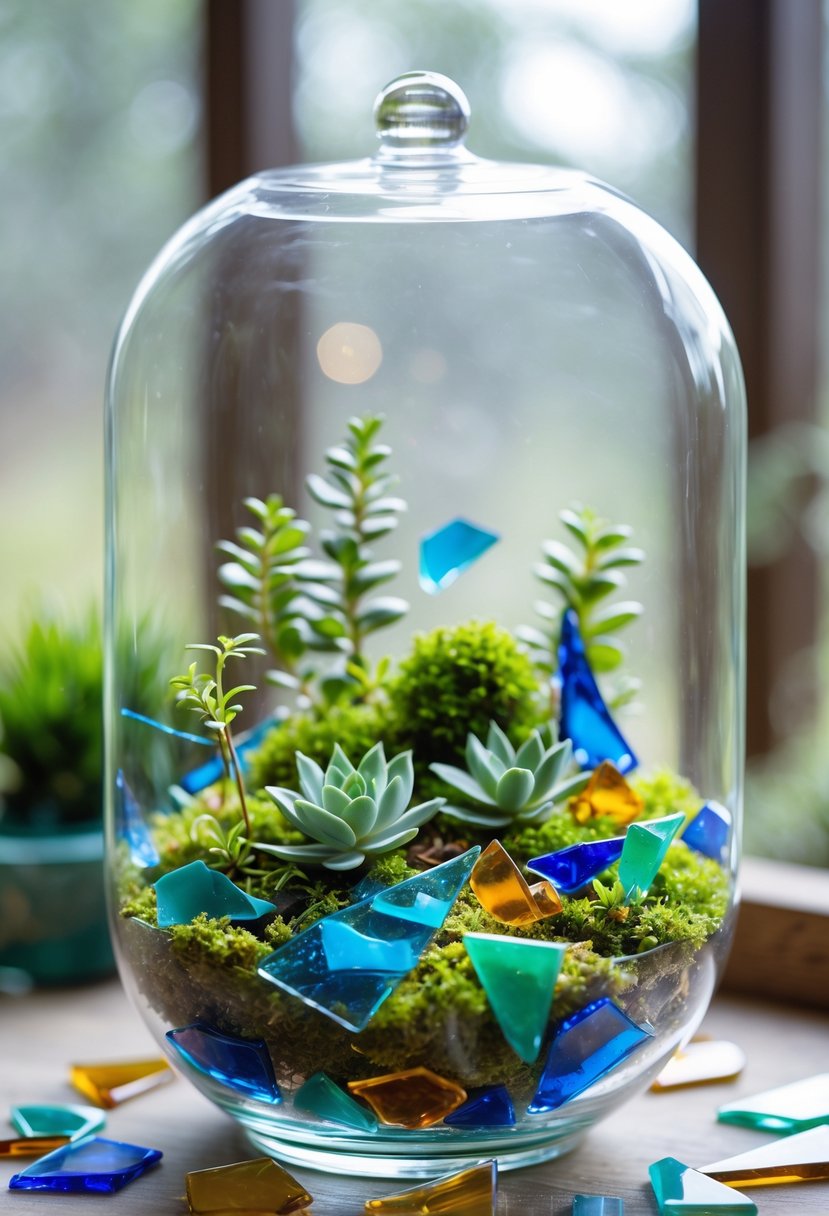 A terrarium filled with green plants and colorful broken glass pieces inside a clear glass container.