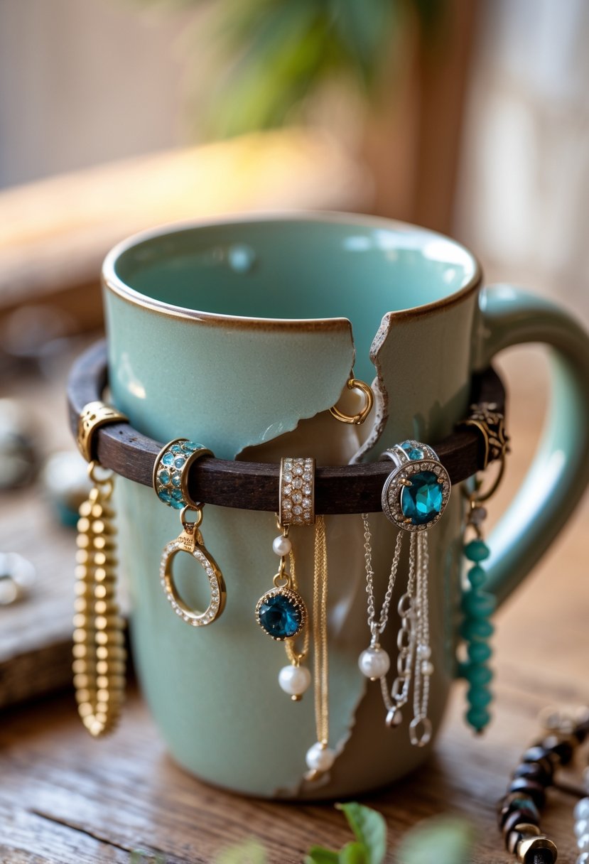 A broken mug handle used as a holder for rings, bracelets, and necklaces on a wooden surface.