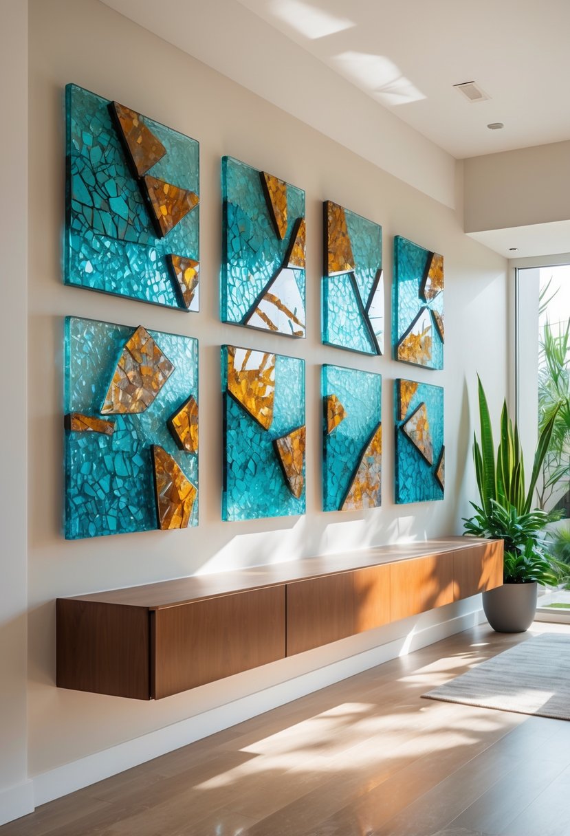 Interior wall decorated with multiple panels of broken glass shards arranged in colorful abstract patterns, in a modern living space.