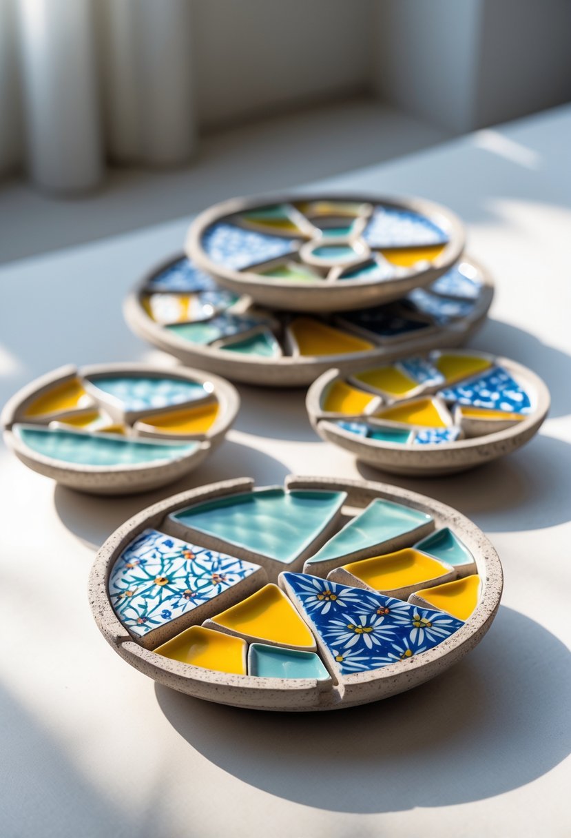 A collection of trays made from broken ceramic tiles arranged on a surface, showing colorful patterns and grout details.