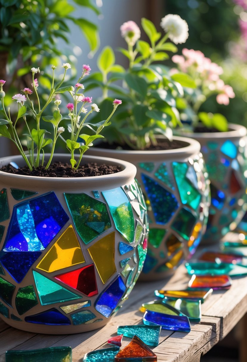 A group of flower pots decorated with colorful broken glass mosaic patterns, holding green plants and flowers on a wooden surface.