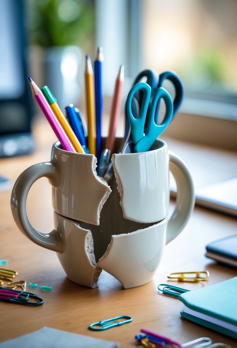 A broken ceramic mug repurposed as a container holding pens, pencils, scissors, and paper clips on a wooden desk.