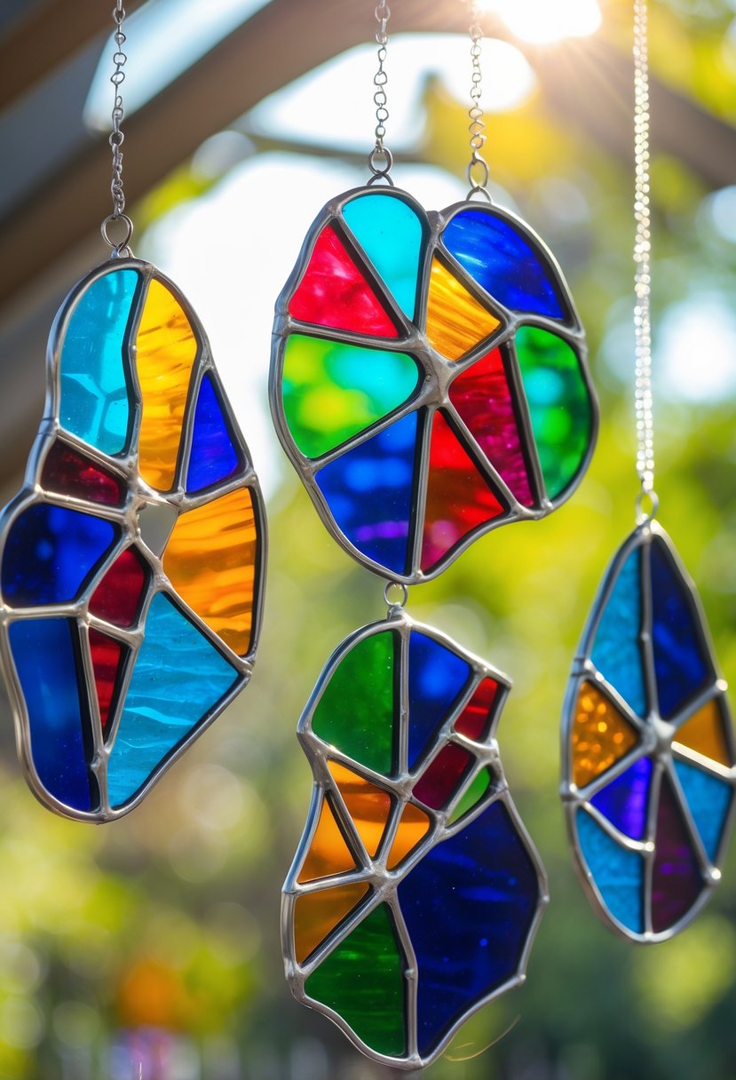 Colorful stained glass suncatchers hanging in sunlight, casting vibrant reflections and shadows.