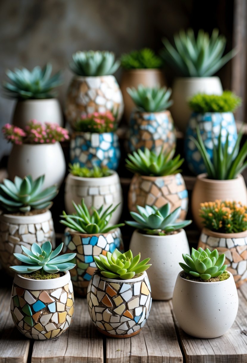 A variety of broken ceramic planters holding small plants arranged on a wooden surface.