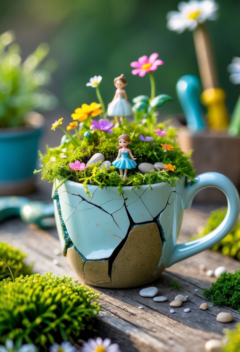 A broken ceramic mug transformed into a miniature fairy garden planter with moss, small flowers, and tiny fairy figurines on a wooden surface.