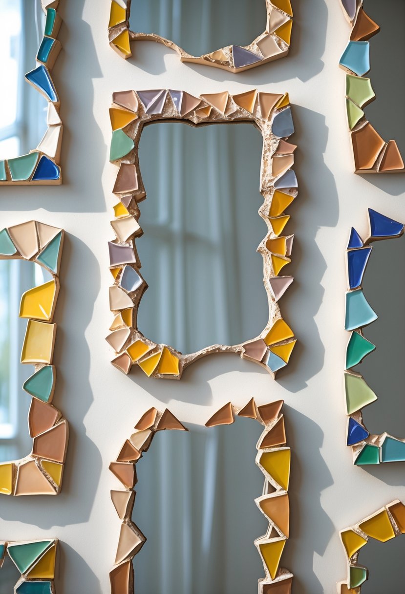 Various mirror frames decorated with colorful broken ceramic shards arranged on a neutral background.
