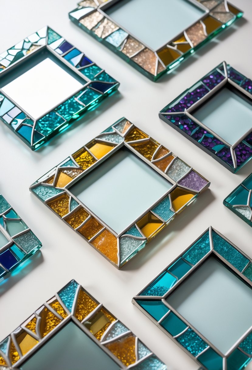 A collection of decorative glass mirror frames with broken glass designs arranged on a neutral background.