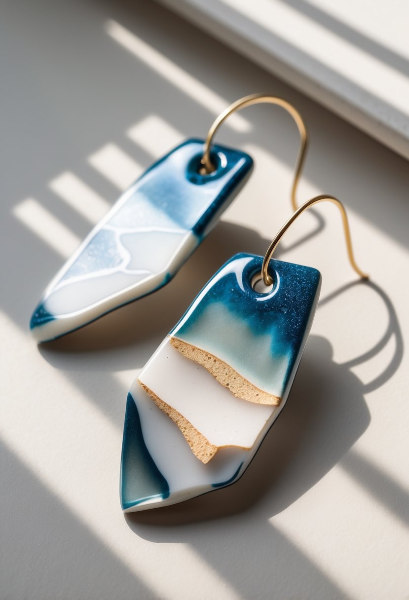 Close-up of ceramic shard earrings with glossy resin coating on a neutral background.