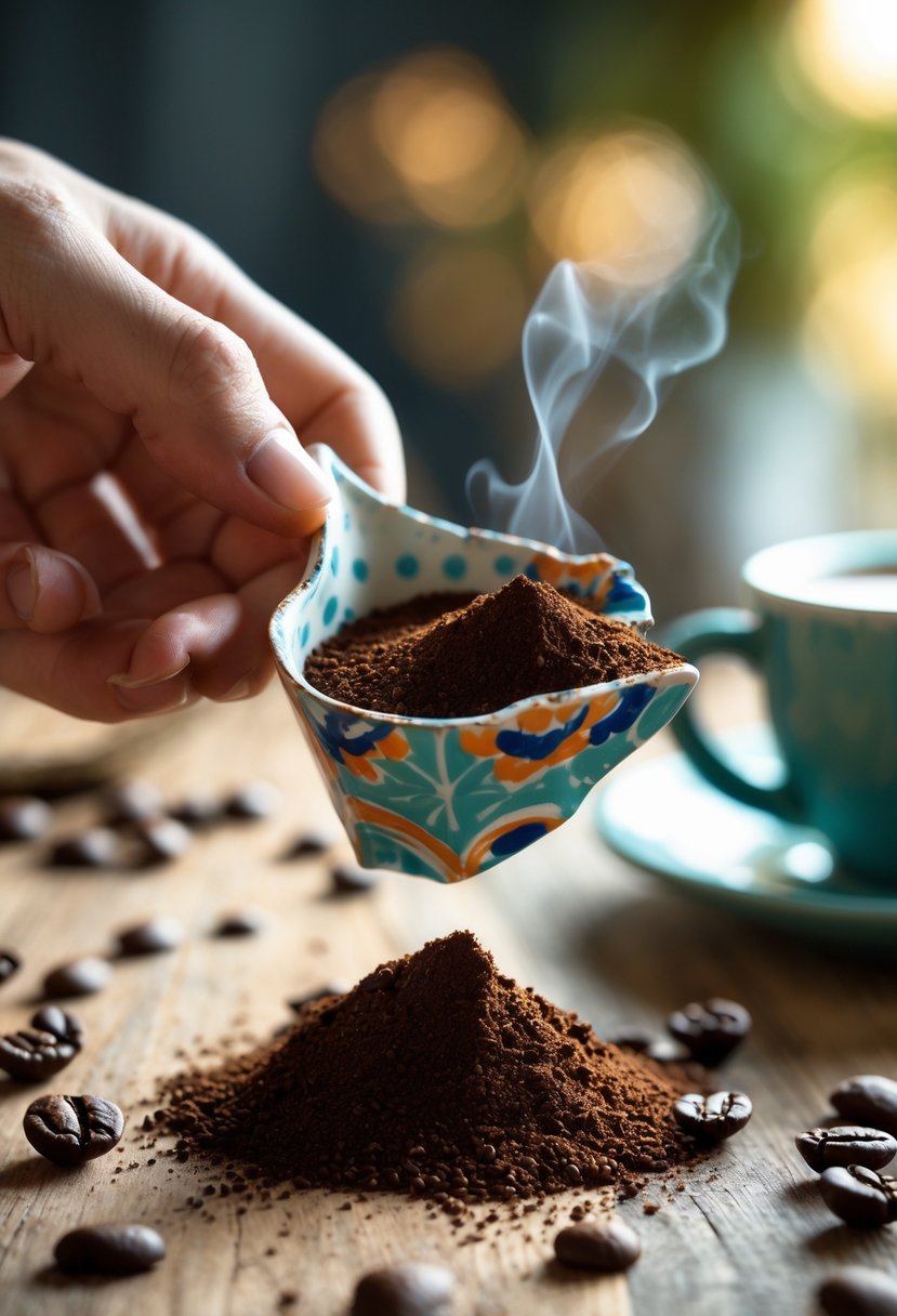 A hand holding a broken piece of a ceramic mug repurposed as a coffee scoop filled with ground coffee, with coffee beans and a cup of coffee in the background.