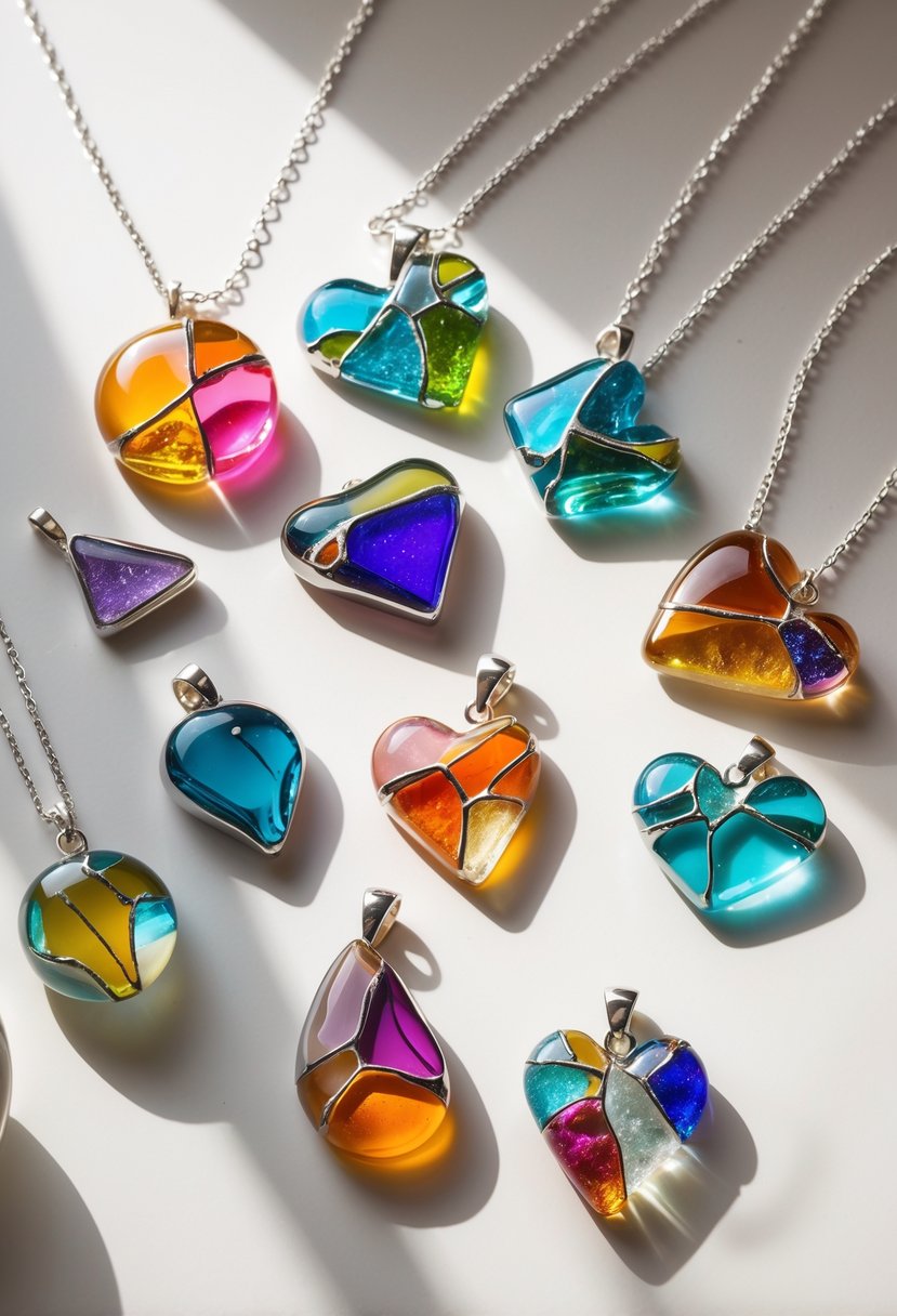 A collection of colorful broken glass jewelry pendants displayed on a neutral surface with soft lighting.