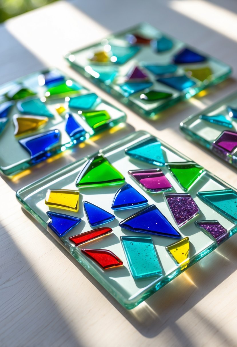 A set of glass tile coasters decorated with colorful broken glass shards arranged on a wooden surface.