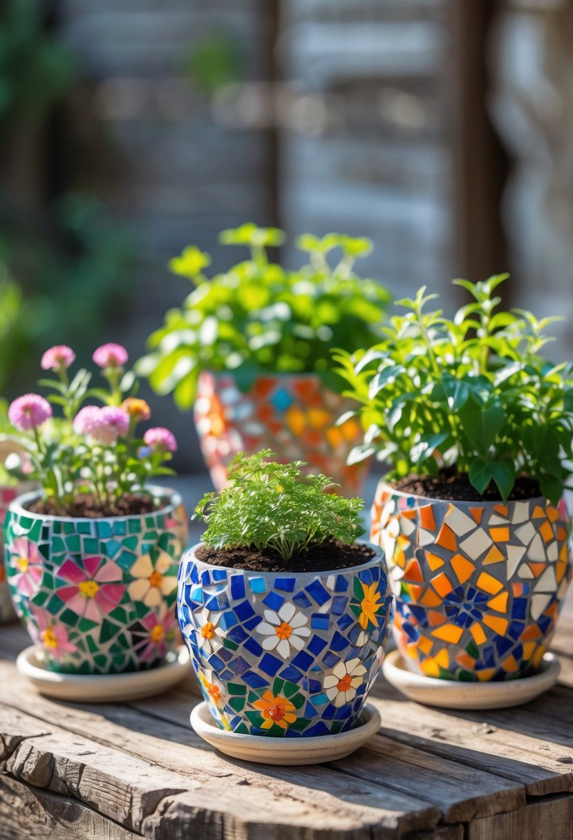A collection of colorful ceramic mosaic flower pots with green plants arranged on a wooden surface.