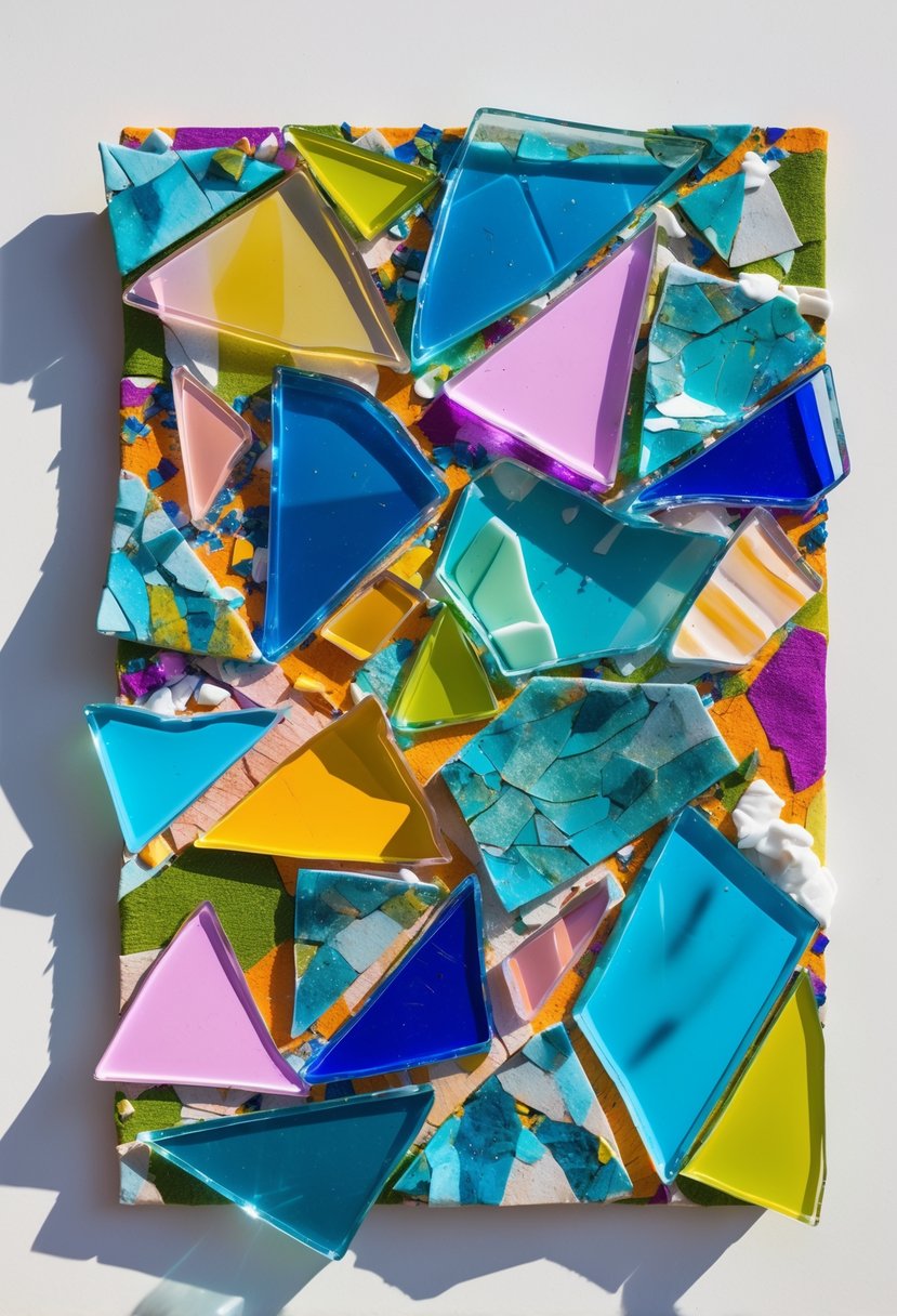 A detailed mixed media artwork featuring colorful materials and pieces of broken glass arranged artistically on a neutral background.