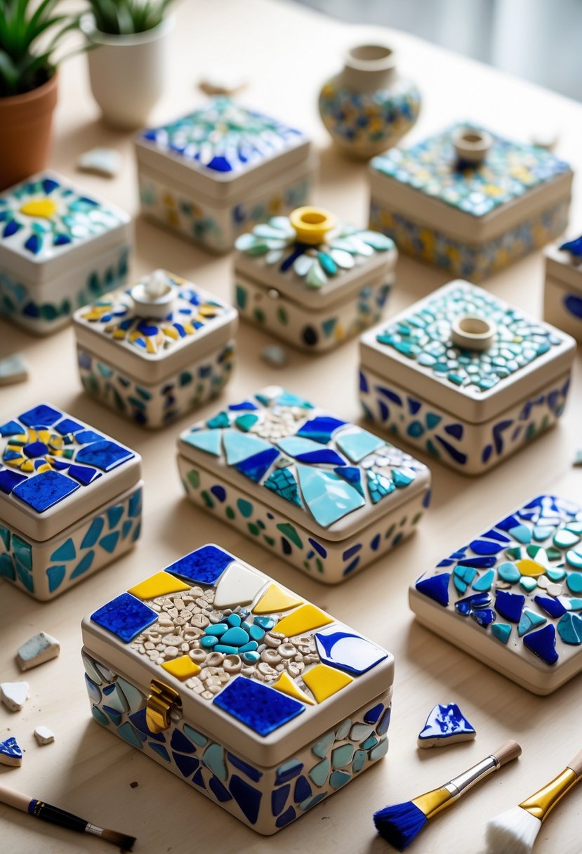 A collection of uniquely crafted jewelry boxes made from broken ceramic pieces arranged on a wooden surface with crafting tools nearby.