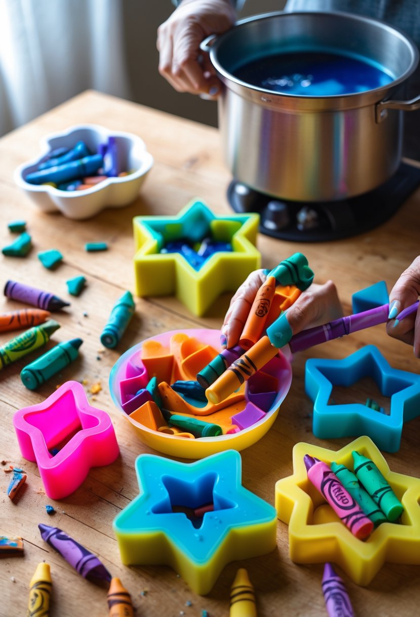Hands pouring melted broken crayons into colorful silicone molds on a wooden table with scattered crayon pieces.