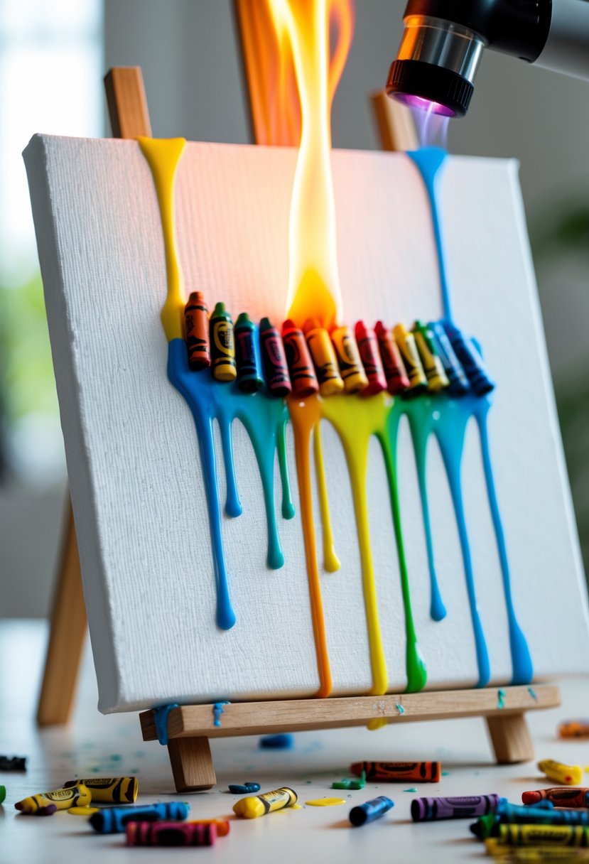A canvas on an easel with colorful melted crayon wax dripping down its surface, surrounded by broken crayons and art supplies.