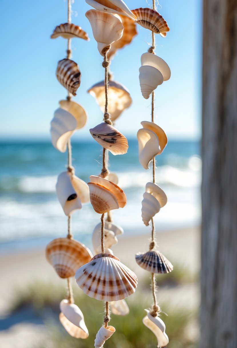 Close-up of broken seashell wind chimes hanging outdoors with a blurred beach and ocean in the background.