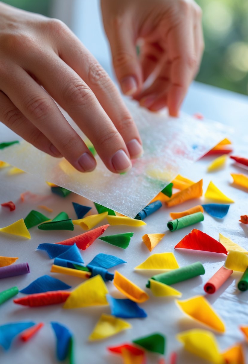 Hands pressing wax paper with colorful crayon shavings between the layers to create melted crayon suncatchers.