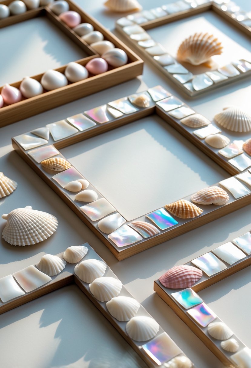 A collection of picture frames decorated with broken shell pieces arranged on a neutral background.