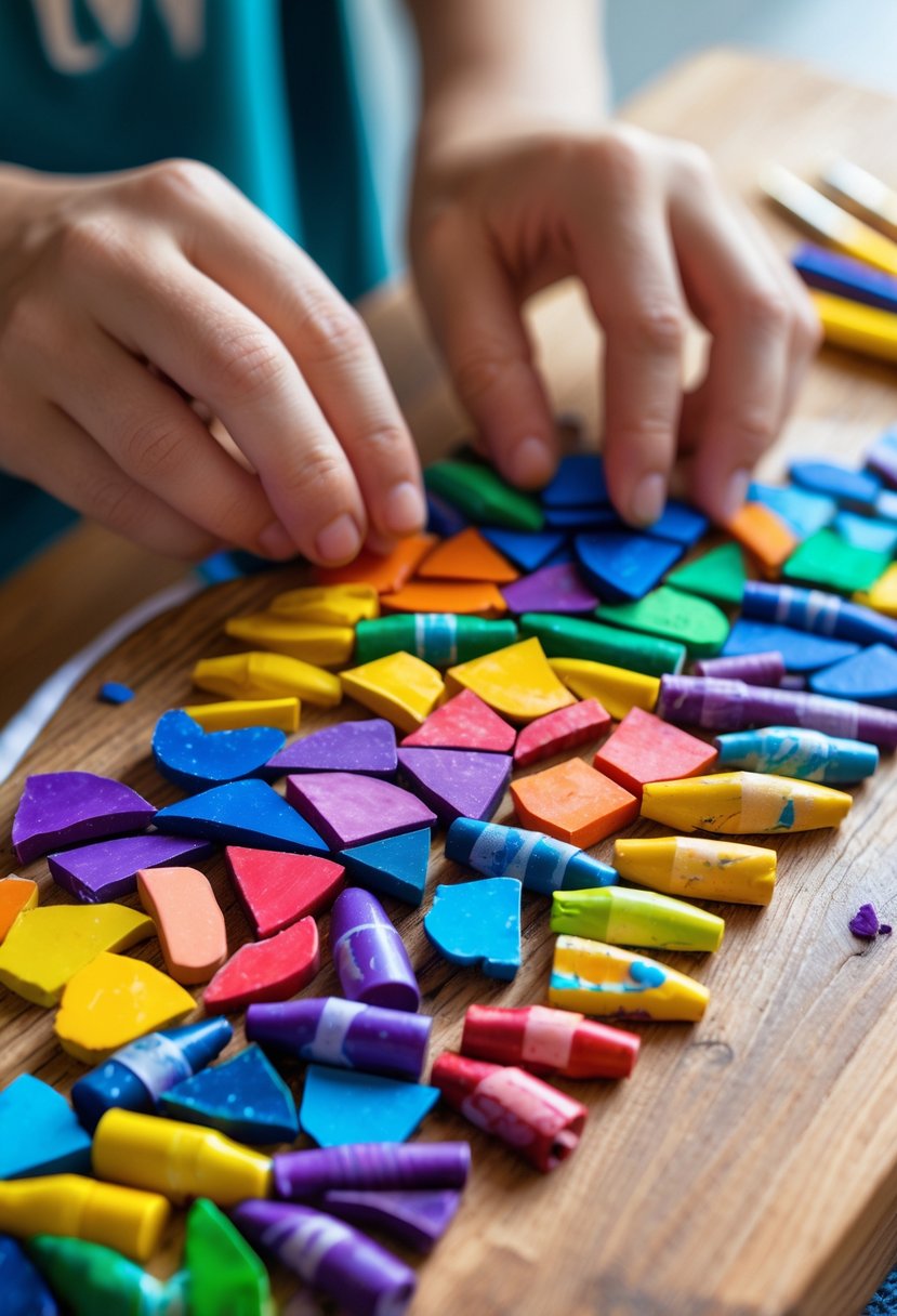 Hands gluing colorful broken crayon pieces onto a wooden surface to create a mosaic design.