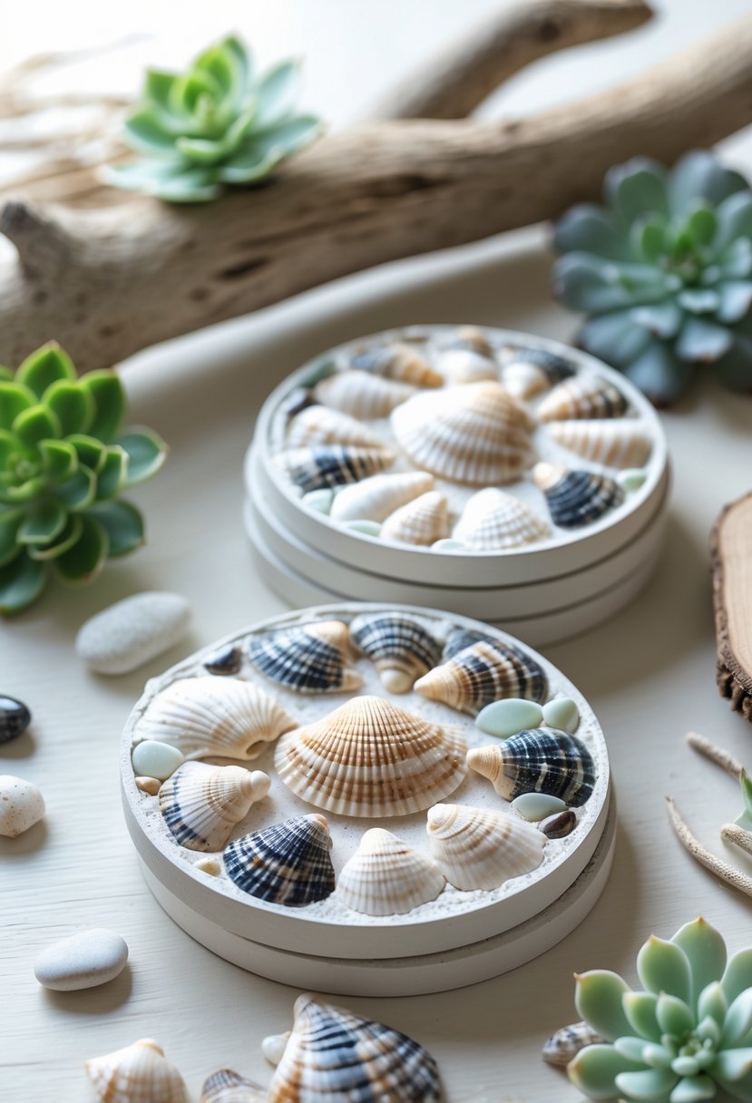 A set of coasters made from broken seashells embedded in grout arranged on a wooden surface with beach-themed decorative elements around them.