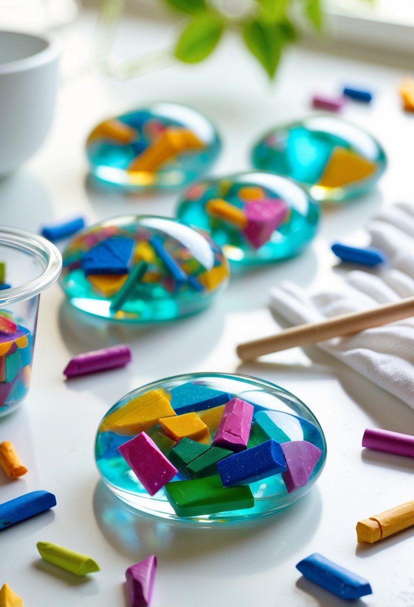 Several clear resin rock paperweights with colorful broken crayon pieces inside, surrounded by scattered crayon bits and craft supplies on a white surface.