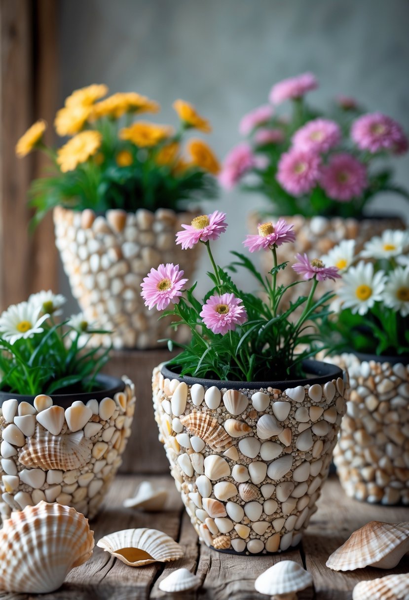 Several flower pots decorated with broken seashells, filled with blooming flowers, arranged on a wooden surface.