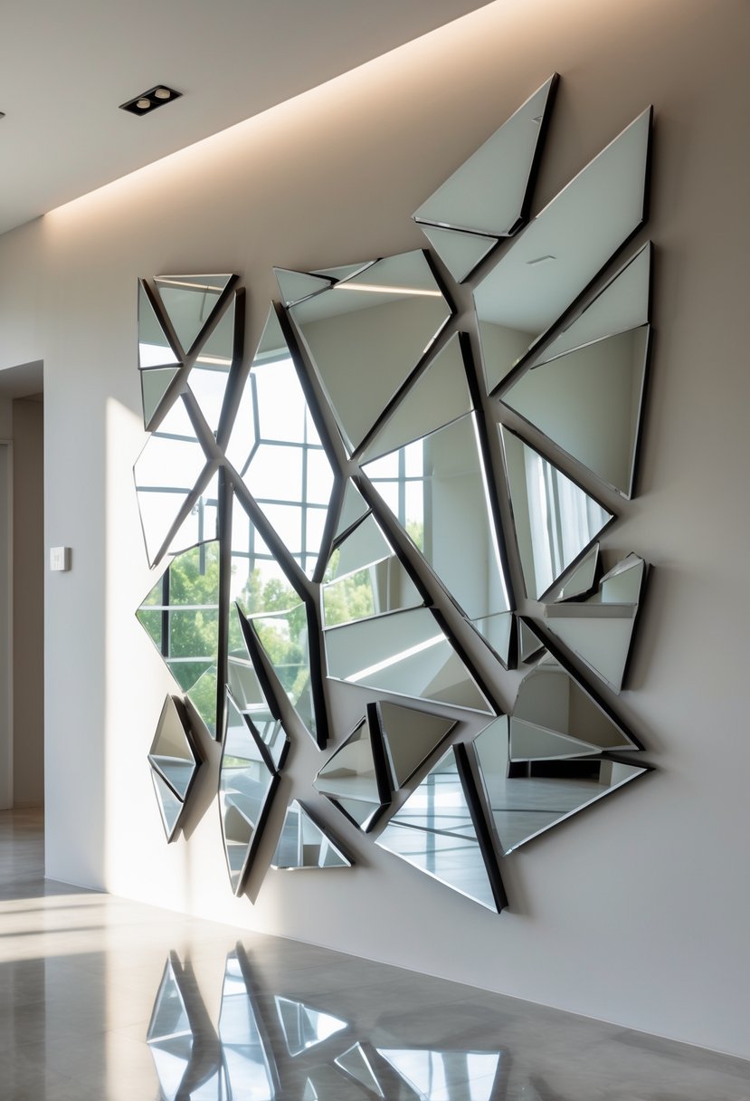 A wall decorated with an abstract arrangement of broken mirror pieces forming geometric shapes.