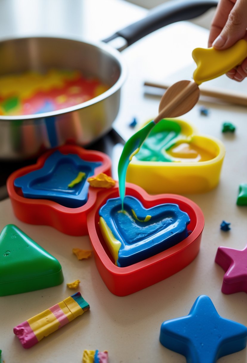 Close-up of colorful broken crayons melting and being poured into heart and star shaped silicone molds on a white countertop.