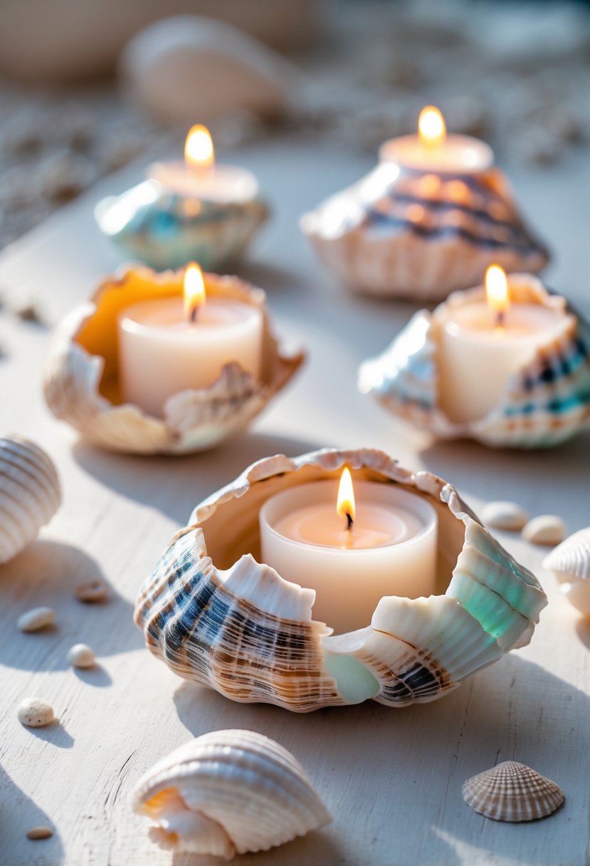 A collection of broken seashell candle holders with lit candles arranged on a wooden surface with a blurred coastal background.