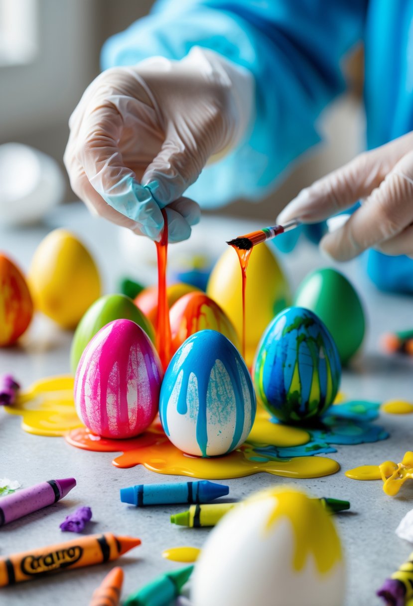 Hands decorating white eggs by melting and applying broken crayons as colorful dye on a clean workspace with scattered crayon pieces and decorated eggs.