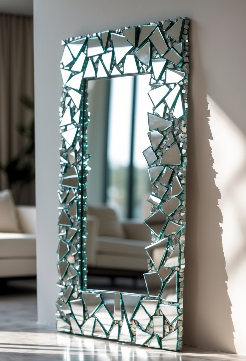 A close-up of a decorative mirror with a frame made from broken mirror pieces arranged in a mosaic pattern.
