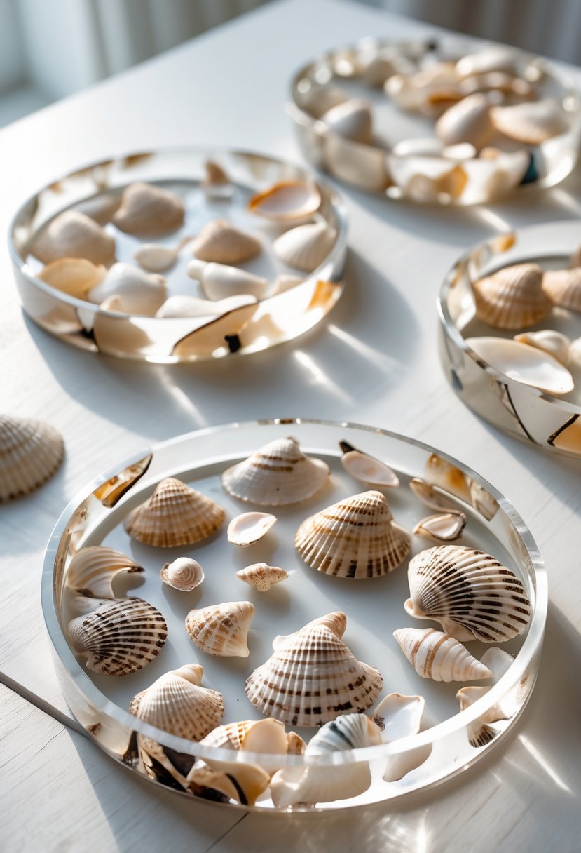 A collection of resin trays containing broken seashells arranged on a light wooden surface.