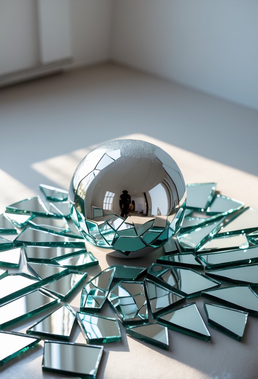 A reflective mirror ball surrounded by broken mirror pieces arranged artistically on a neutral surface.