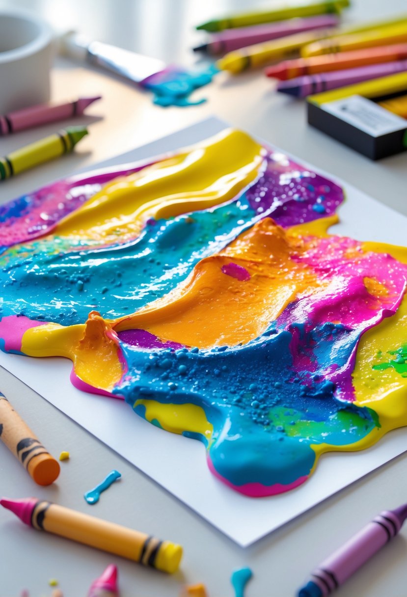 Close-up of colorful melted crayon wax on paper with broken crayons and art supplies nearby.