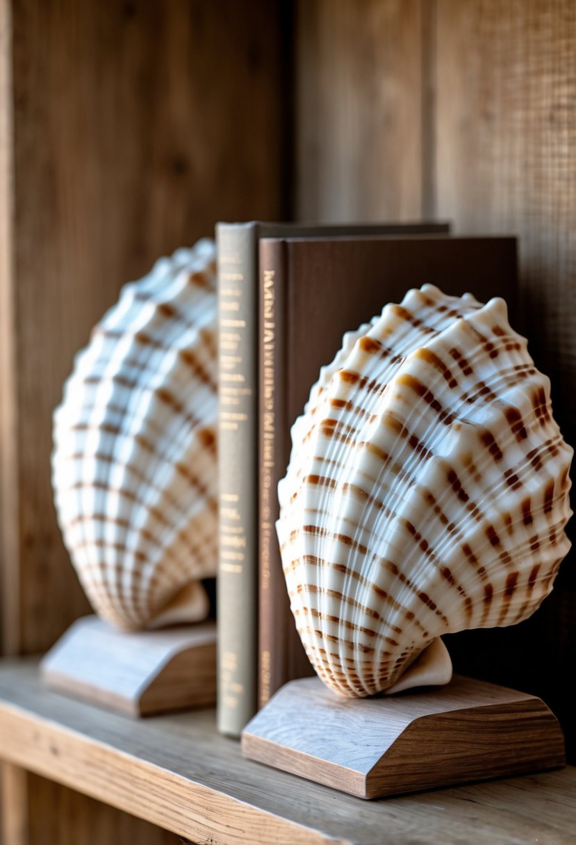 A pair of decorative broken shell bookends holding books on a wooden shelf.