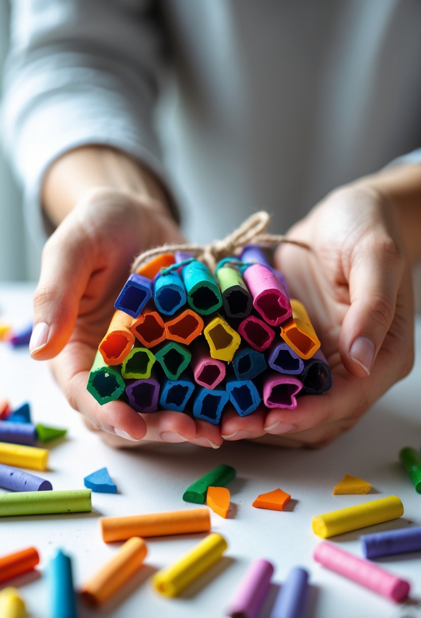 Hands bundling together broken crayon pieces of different colors to create rainbow crayons on a crafting table.