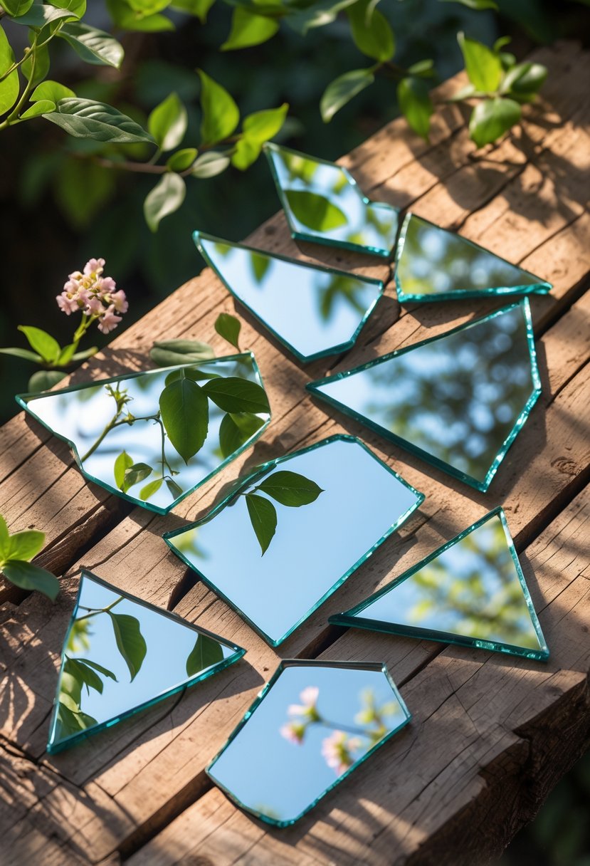An arrangement of broken mirror pieces reflecting leaves and flowers on a wooden surface.