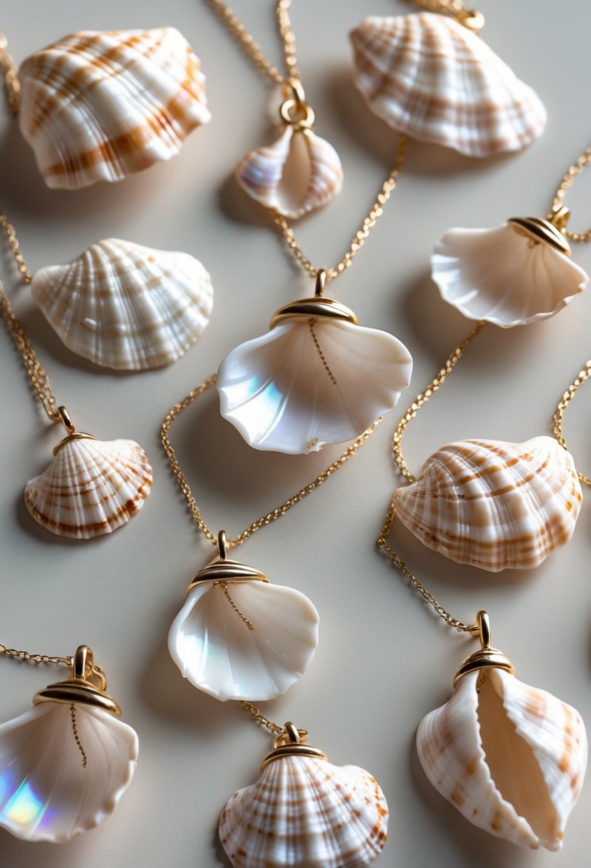 A collection of seashell necklace pendants made from broken shells arranged on a neutral background.