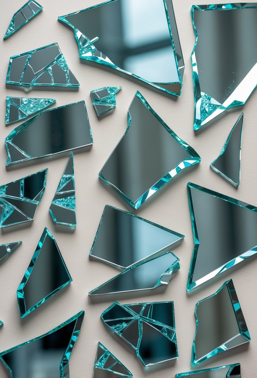 Close-up view of broken mirror pieces arranged artistically on a canvas, showing sharp glass fragments reflecting light.