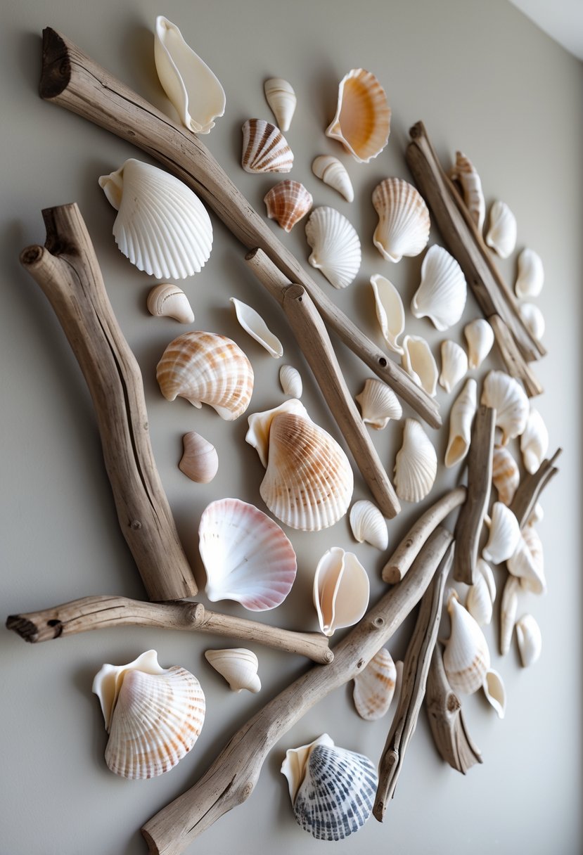 Wall art made of broken seashells and driftwood arranged on a light-colored wall.