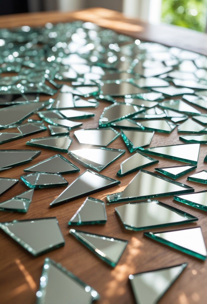Close-up of a wooden tabletop with an artistic inlay of broken mirror pieces arranged in a mosaic pattern.