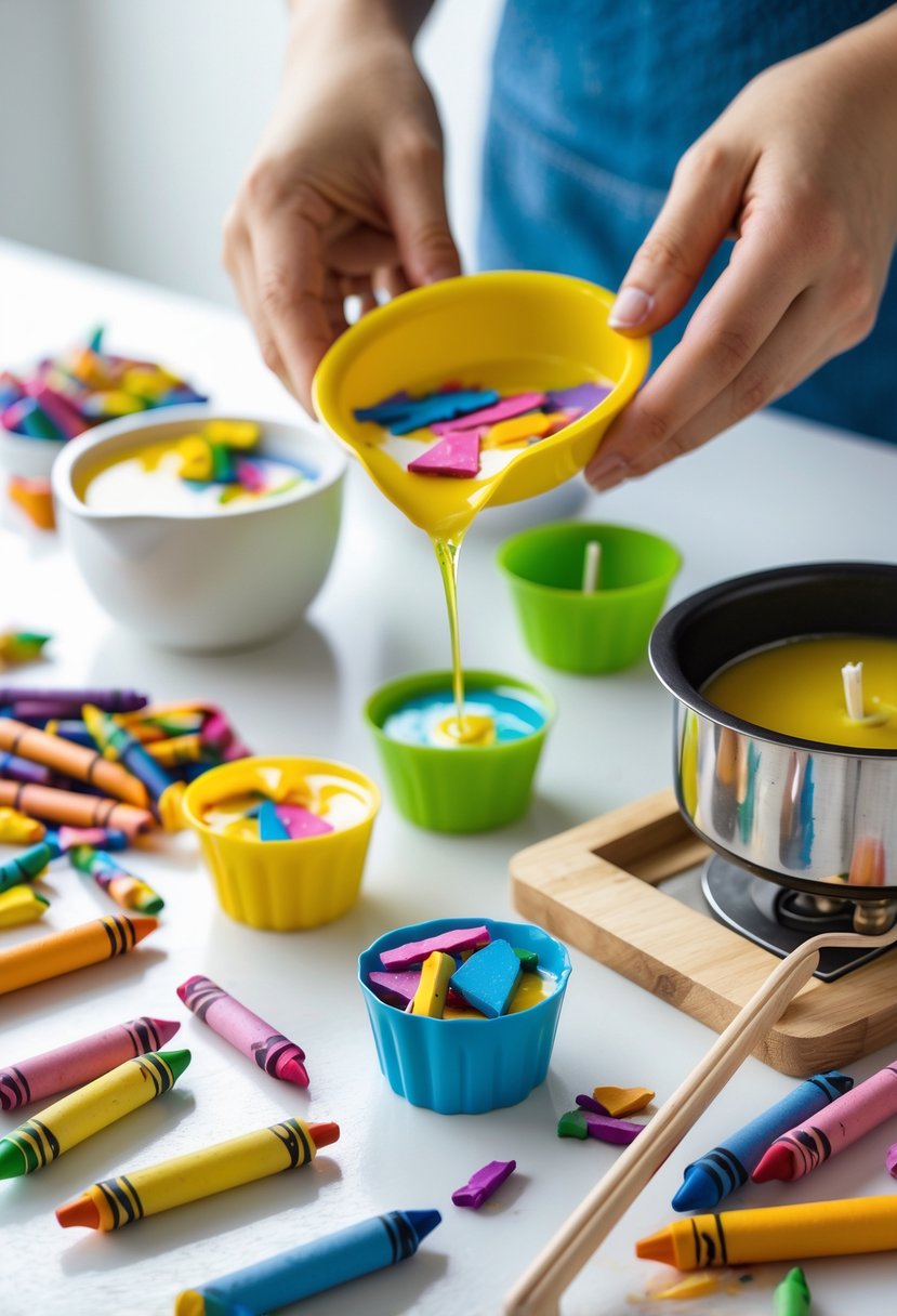 Hands pouring melted wax into candle molds filled with broken crayons on a craft table with colorful crayons and tools nearby.