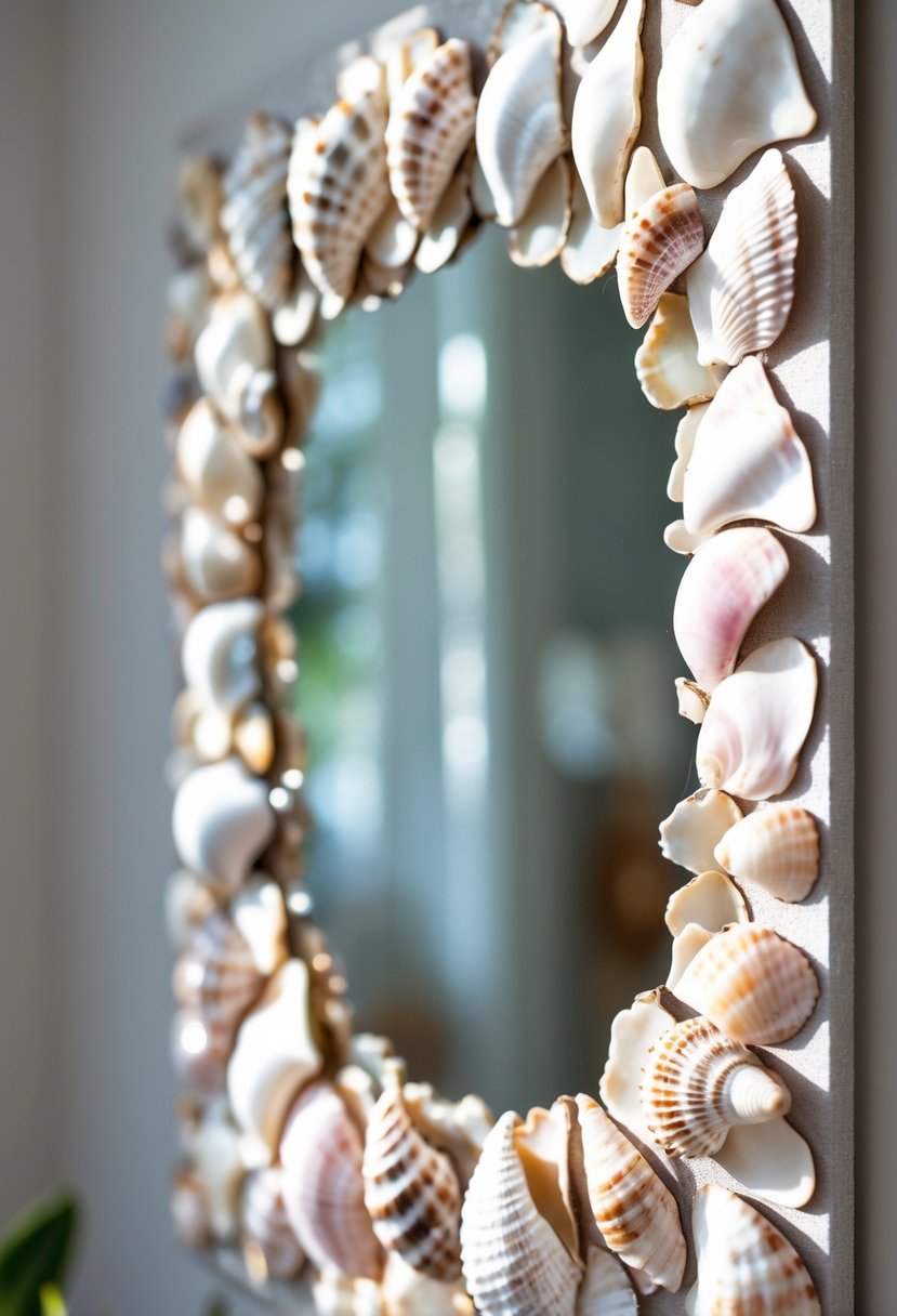 Close-up of a mirror framed with broken seashell pieces forming a decorative border.